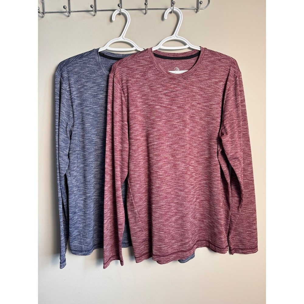 MPG Mens Blue Burgundy Space Dye Performance Long Sleeve Tee M 2 Lot Active Gym